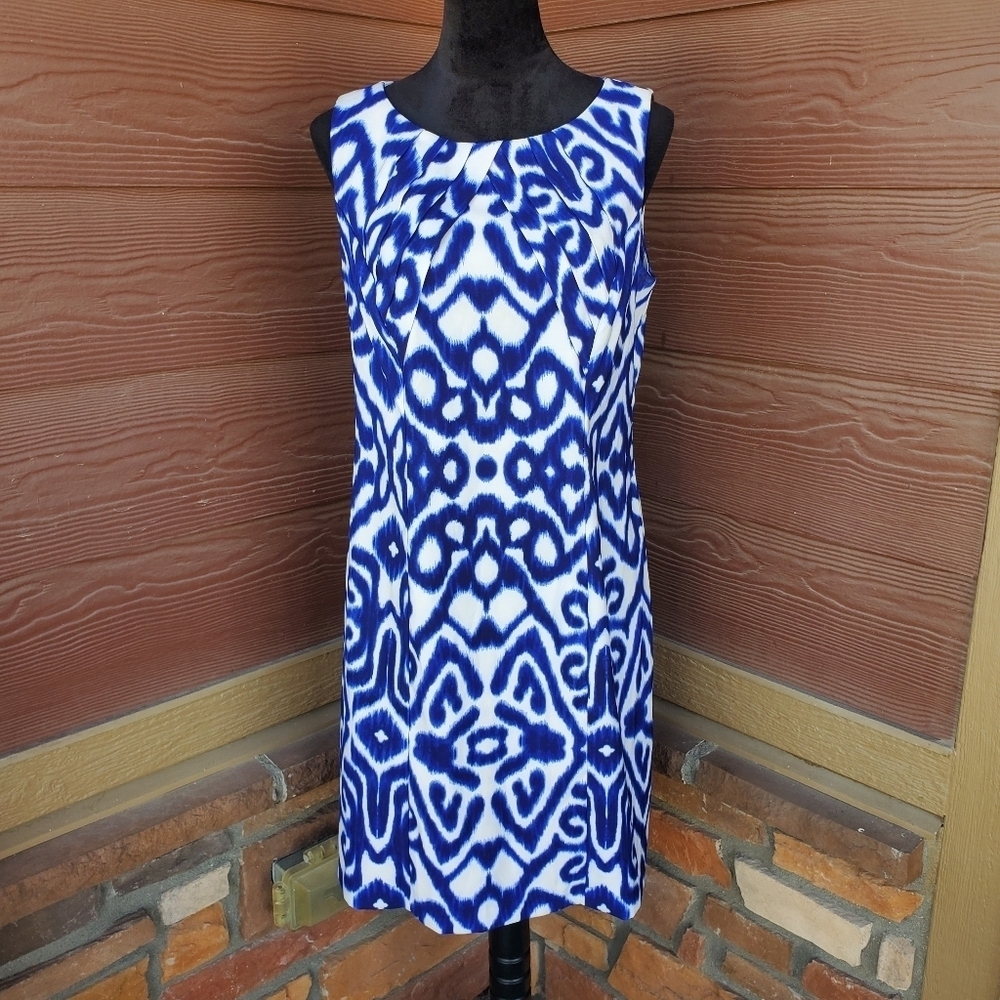 AB Studio Blue and White Geometric Women's Dress Size 12 NWOT